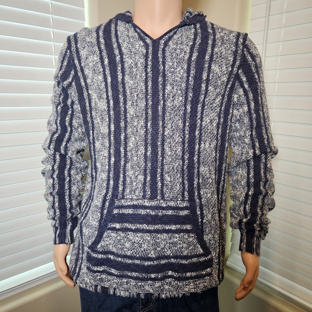 Lucky Brand Mens XL Navy White Striped Baja Hoodie Knit Sweater Beachy Boho Surf